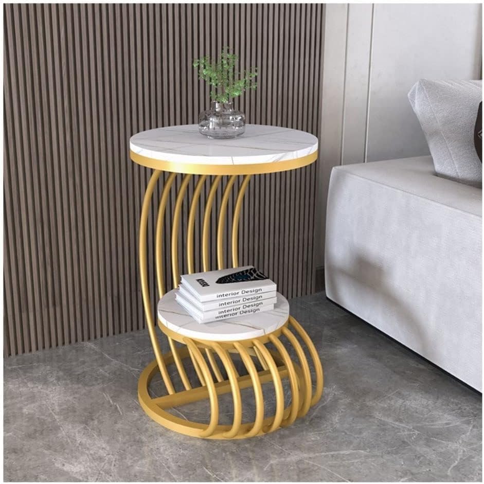 Device Bas with Brown Art SHOPPEE Farmhouse Accent Coffee Table Simple Modern Bedside Cabinet Small Round Table MDF Top Metal Table Living Room Sofa-Golden/White
