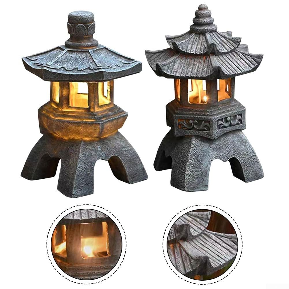 Farol solar de resina de pagoda, estatua de jardín, resistente a la intemperie, adorno de luz zen para exteriores con encendido/apagado automático, decoración de torre china para patio