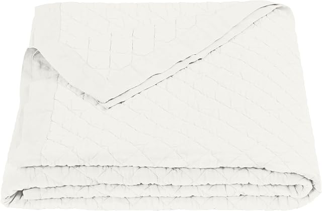 HiEnd Accents Linen Cotton Diamond Quilt, Queen Size, White Solid Color, Classic Traditional Rustic Style Luxury Bedding, Soft Lightweight Bed Cover