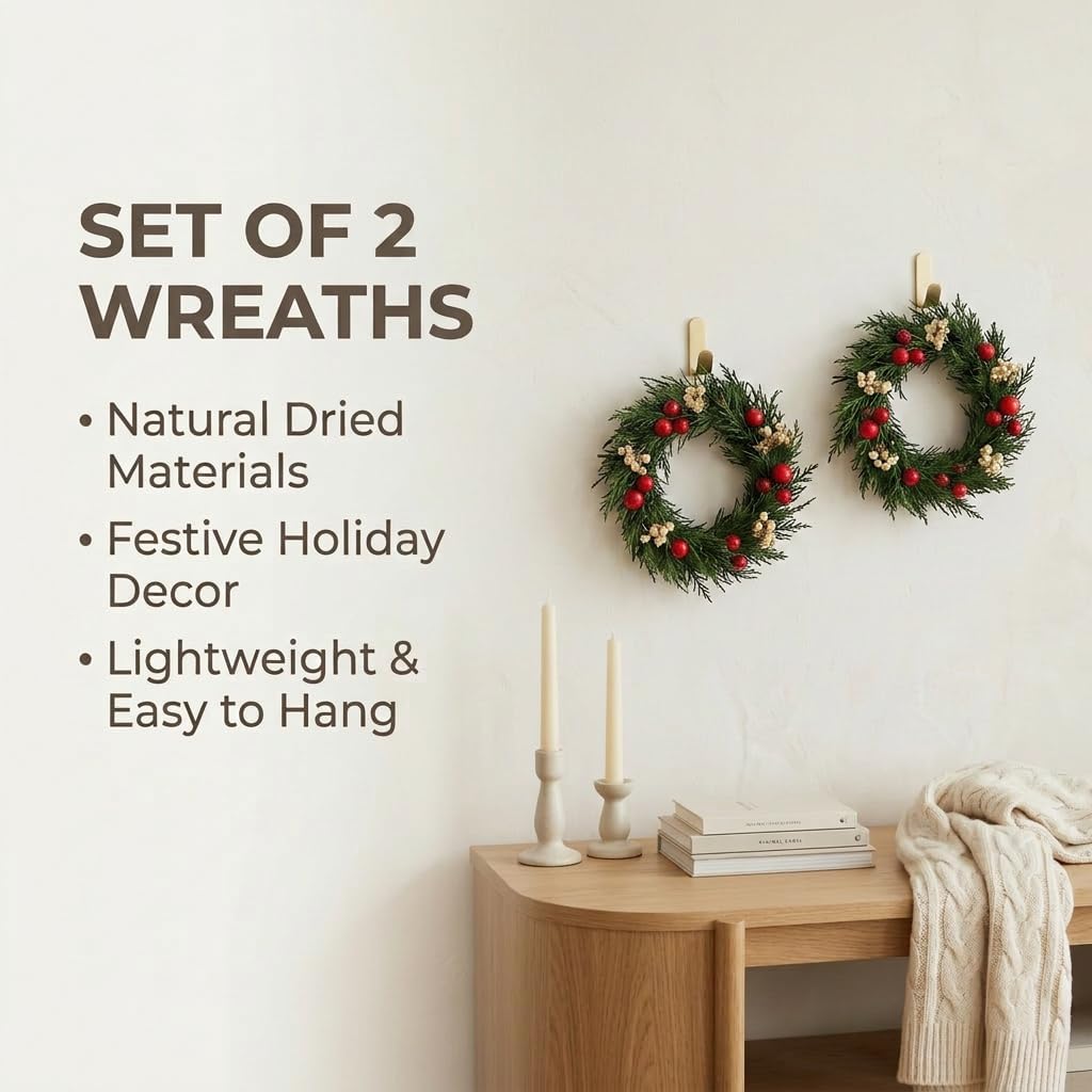 Christmas Eucalyptus Wreath Set 2PCS 5.9in Mini Dried Flower Wreath Small Holiday Wreath for Front Door Wall Window Table Decor Xmas Decoration