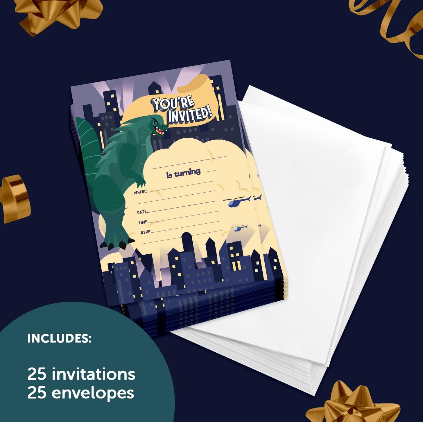 Coastal Palm Godzilla Happy Birthday Invitations Invite Cards (25 Count) with Envelopes Boys Girls Kids Party (25ct Design 2)