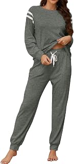 Women Lounge Set Outdoor Jogger Pajama Stripe 2 Piece Sleepwear | Sweatsuits Women 2 piece Outfit, Long Sleeve Tops and Pants Set, Winter Fall Spring Loungewear Set, Cozy Soft Pajamas