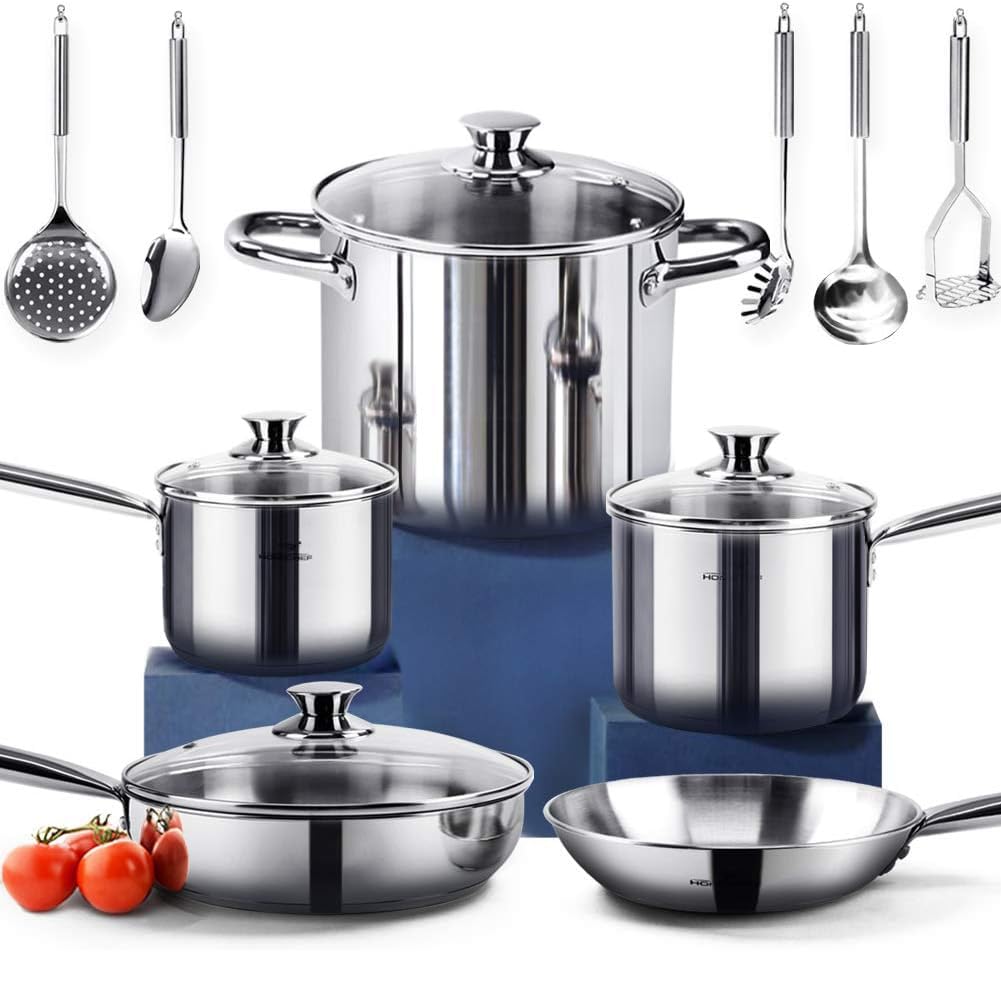 HOMICHEF Set di pentole e padelle in acciaio inox senza nichel, 14 pezzi, atossiche e salutari a induzione