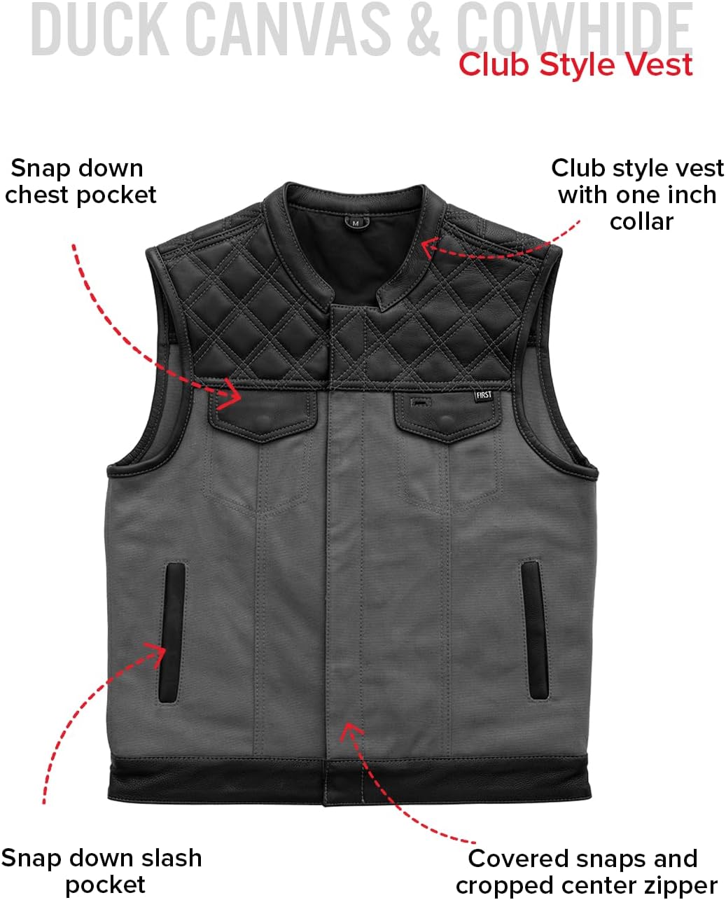 First Mfg Co - Hunt Club - Men’s Motorcycle Biker Riding Leather and Canvas Vest - Diamond Quilted Stitching