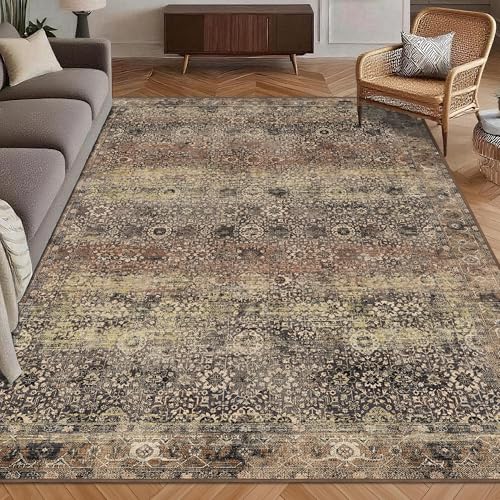 Washable Area Rug 5' x 7' Vintage Traditional Persian Mat - Foldable Distressed Non-Slip Machine Washable Carpet for Living Room Bedroom Kitchen Home Decor - Umber and Slate