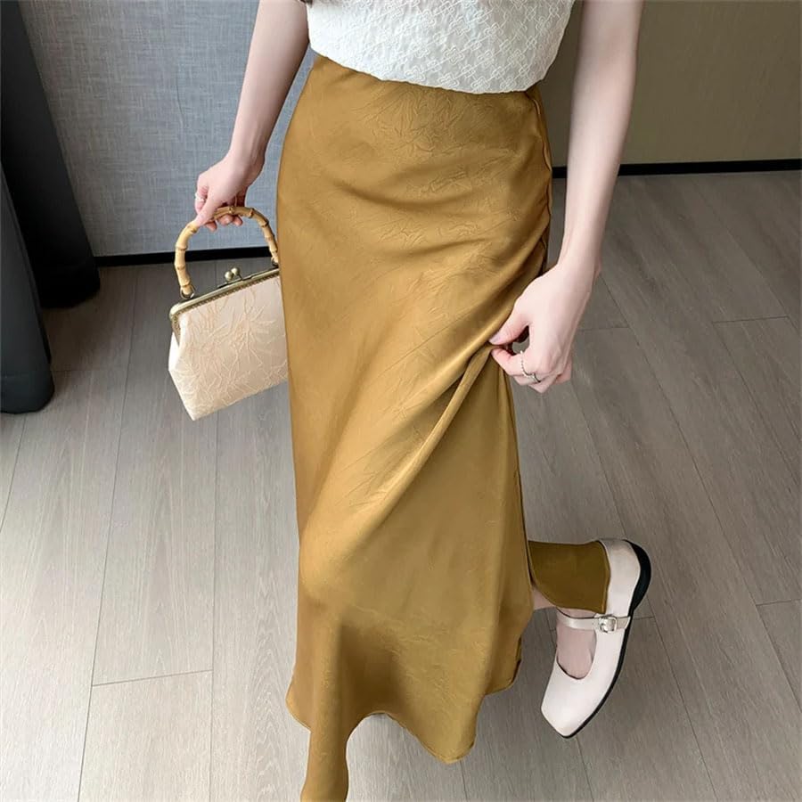 Women Vintage Satin Long Split High Waist Solid A-Line Skirt4