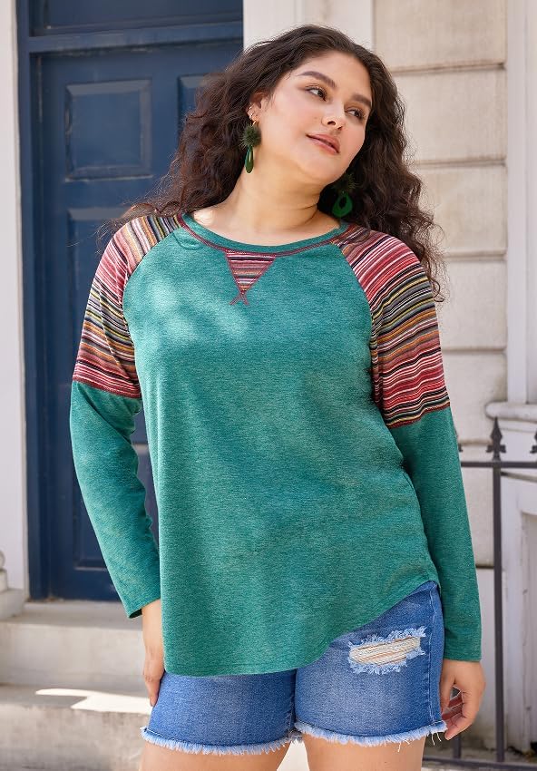 TIYOMI Plus Size T Shirt Tunic Tee Long Sleeved t Shirt Round Neck Raglan Color Block Tshirt Colorful Fall Autumn Winter Tee - Image 2