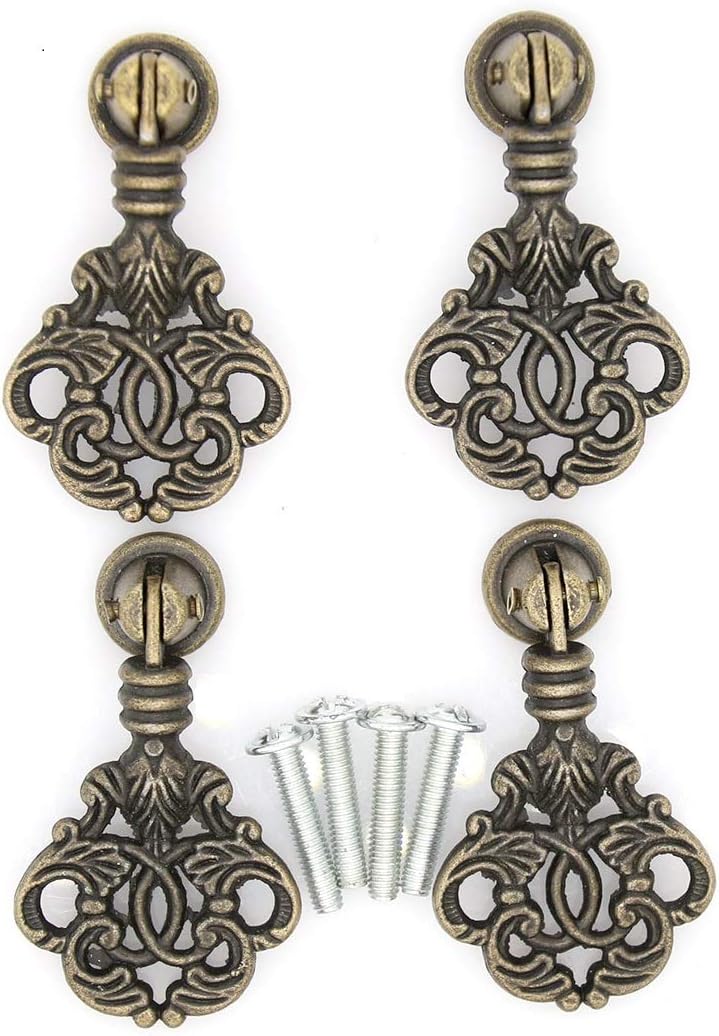 LXZ 4 PCs Vintage Pendant Pull Handles - Antique Brass Drop Pulls for Cabinet Dresser Wardrobe - Height 2-13/64" (56 mm), Pendant Width 1-17/64" (3.2 cm)