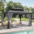 YITAHOME 12x16ft Hardtop Gazebo with Nettings and Curtains, Heavy Duty Double Roof Galvanized Steel Outdoor Combined of Vertical Stripes Roof for Patio, Backyard, Deck, Lawns, Gray