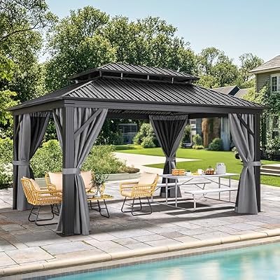 YITAHOME 12x16ft Hardtop Gazebo with Nettings and Curtains, Heavy Duty Double Roof Galvanized Steel Outdoor Combined of Vertical Stripes Roof for Patio, Backyard, Deck, Lawns, Gray