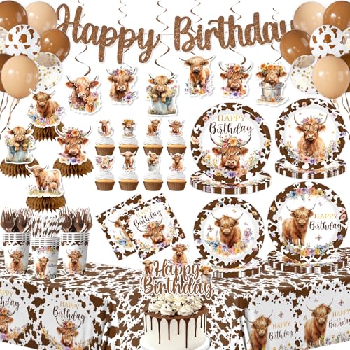 202Pcs Highland Cow Birthday Decorations Brown Holy Cow Print Tableware Set Include Plates Napkins Cups Balloon Banner Cupcake Topper for Boy Birthday Baby Shower Decorations Service 24