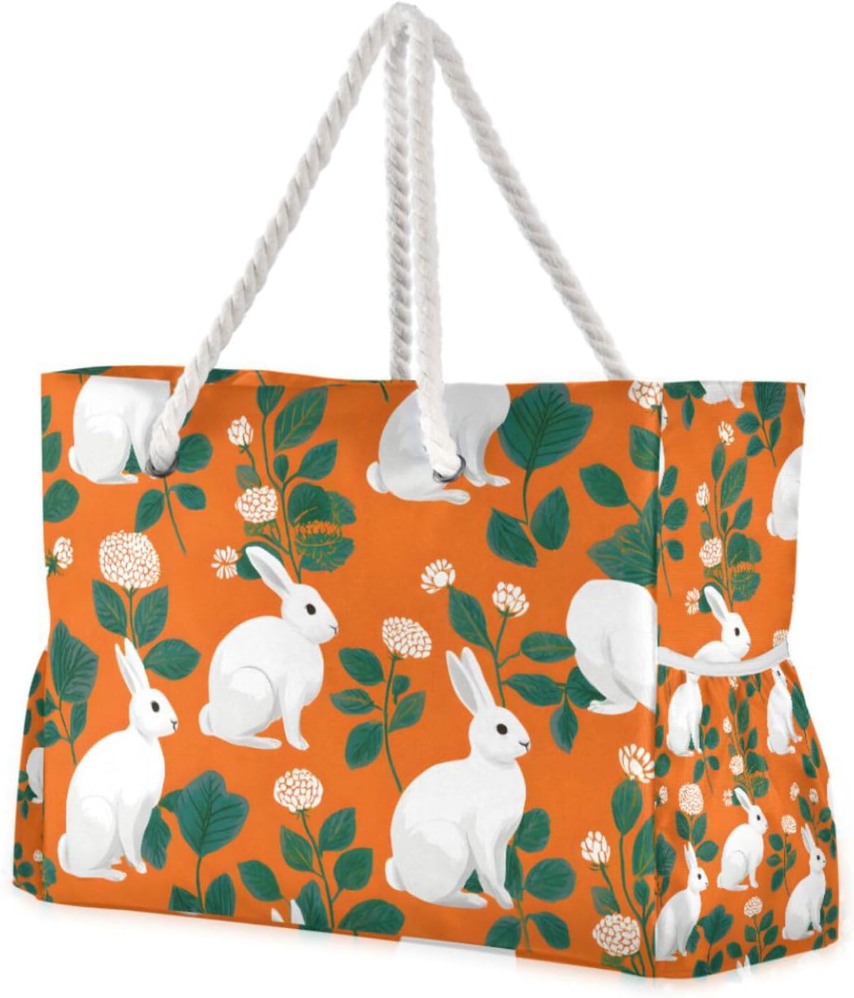 OTVEE White Bunny on Orange Background Beach Bags for Women Ladies Large Canvas Tote Shoulder Bag Waterproof Travel Bags for Gym Swim Pool Camping
