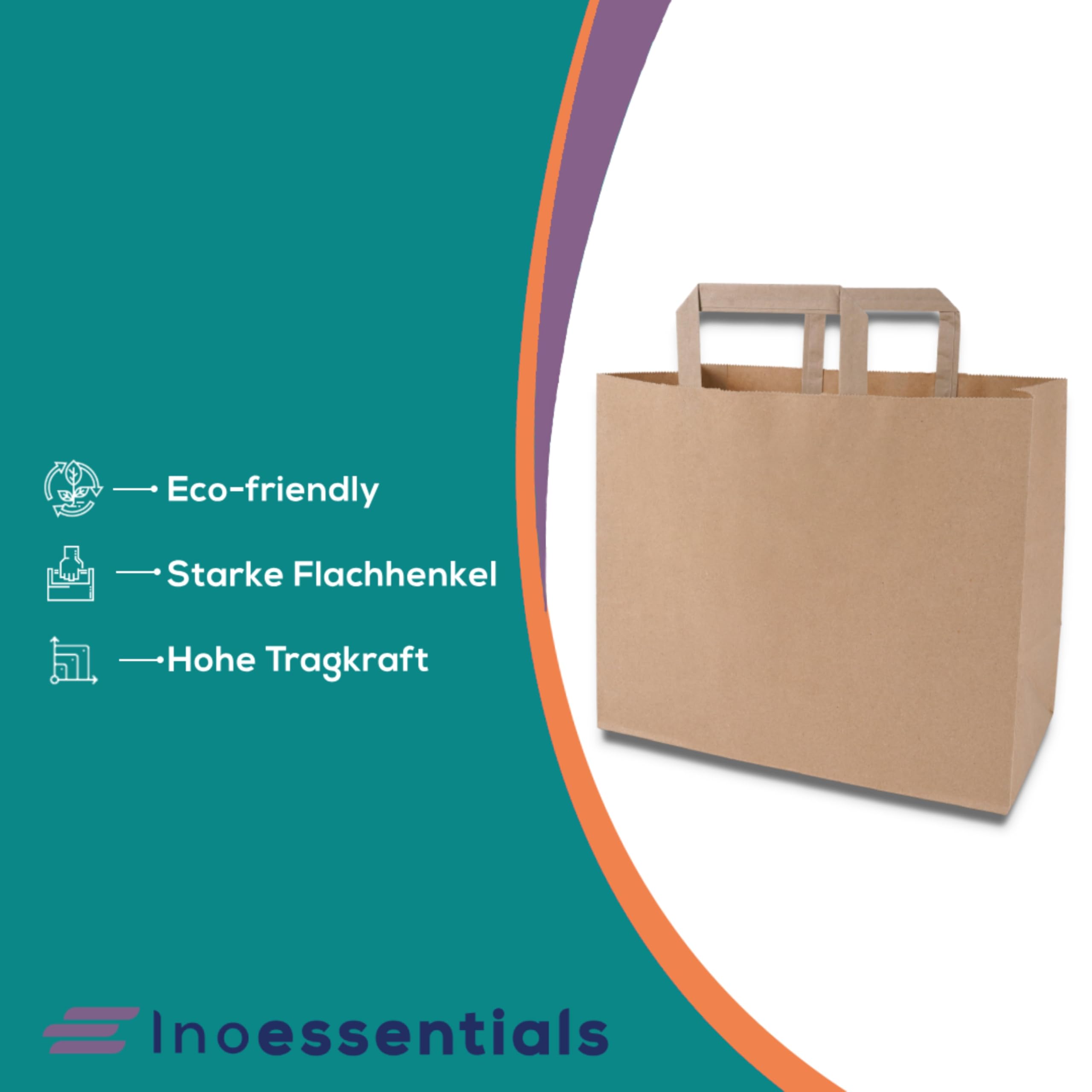 Inoverse Torebki papierowe z uchwytem 26 + 20 x 28 cm, papierowe torebki 250 sztuk | Torebki papierowe, papier typu kraft, brązowy, torebki na prezenty, duży kształt, do nadruku, do butiku i pakowania prezentów