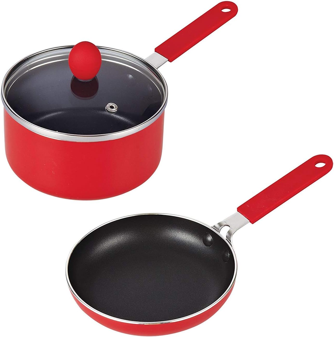 Cook N Home Nonstick 5.5" Mini Size One Egg Fry Pan and Sauce Pan 1-QT with Lid Set, Red