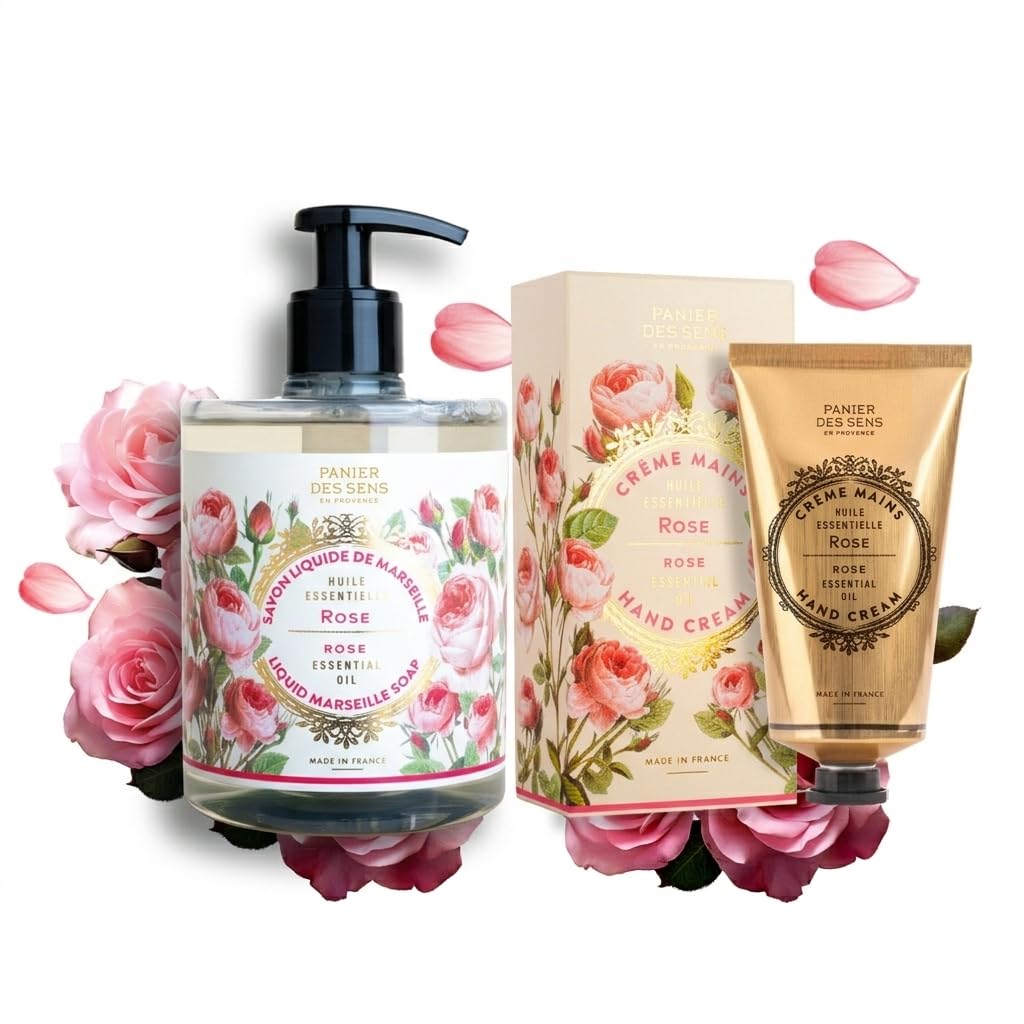 Panier des Sens Hand Care Set - Rose - Liquid Hand Soap & Hand Cream Duo - Vegan Friendly - 95% Natural Ingredients - Made in France - 16.9 + 2.5 Fl Oz