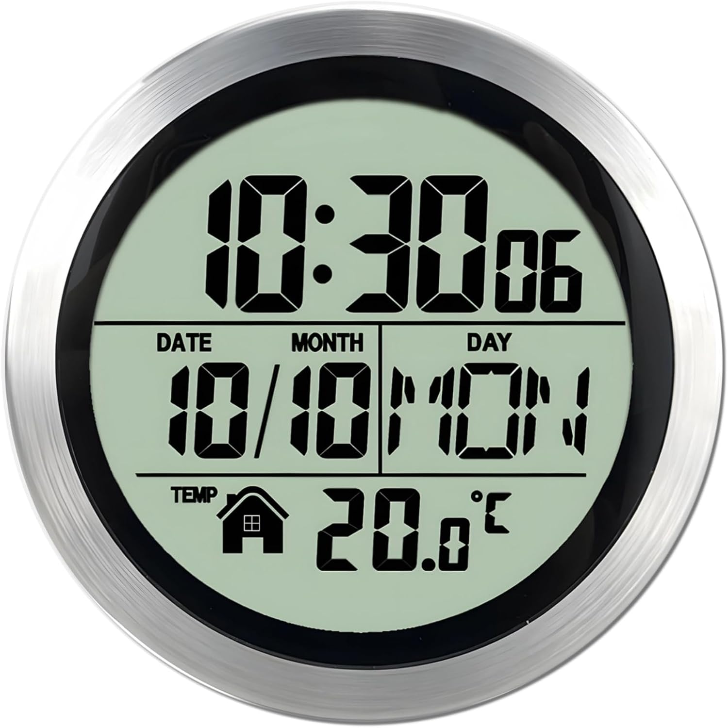 Waterproof Silent Clock for Showers, Kitchen, and Bathroom, Displays Time, Date, Temperature, Aluminum Frame with Easy Install