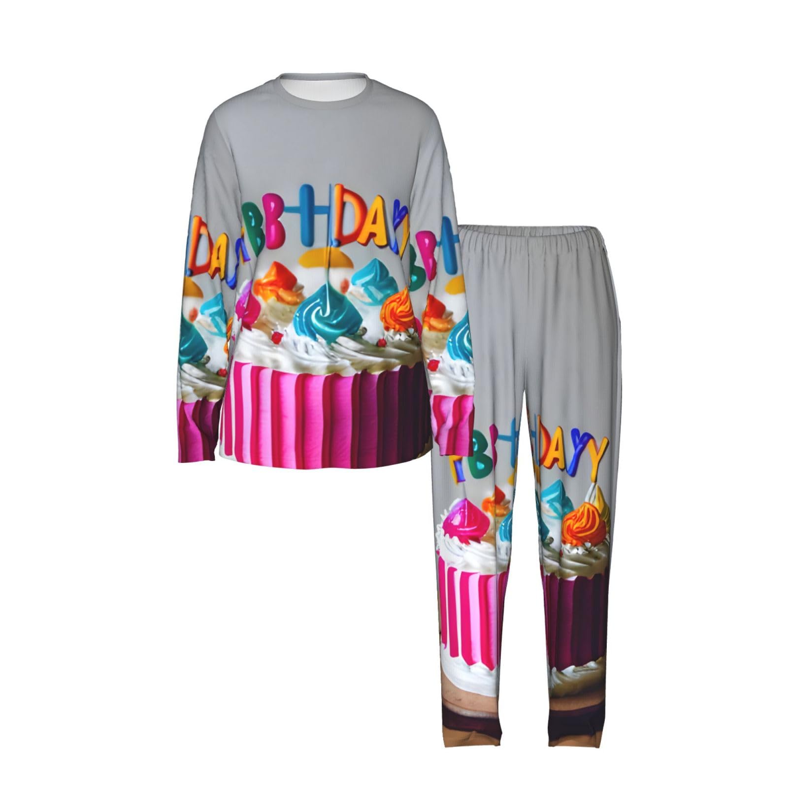 Happy Birthday Cake Stampa Donne Manica Lunga Pigiama Abbinamento Quotidiano Confortevole Loungewear Abiti Da Notte