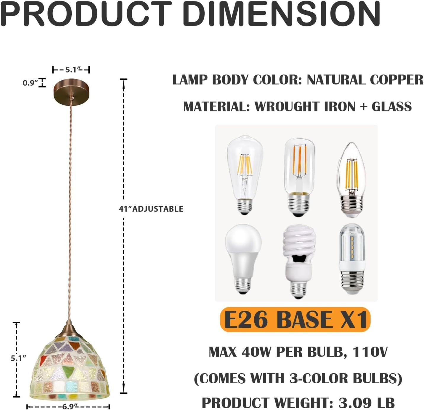 7-Inch Modern Single Head Pendant Light, Colored Glass Semi Flush Mount Ceiling Light Fixture, Height-Adjustable Hanging Lamp for Kitchen Island Dining Room Hallway Foyer