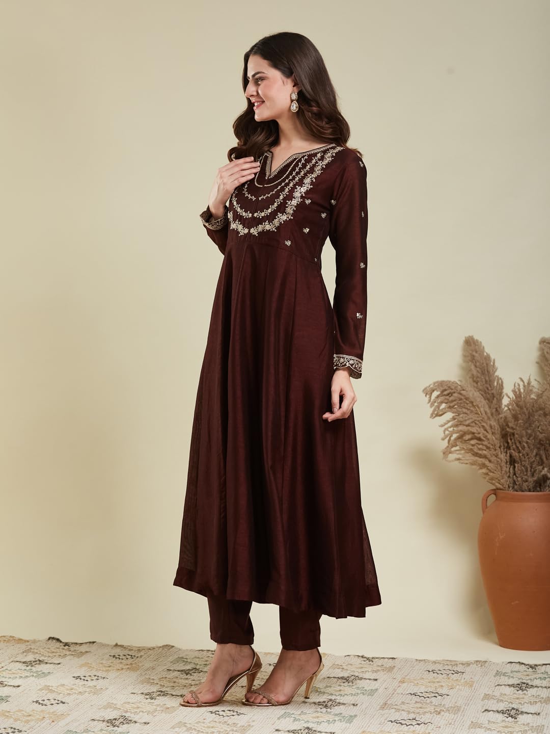 MOKOSH Women's Silk Embroidered Anarkali Kurta Pant Dupatta Set (444-05-L) Coffee - Image 3 thumbnail