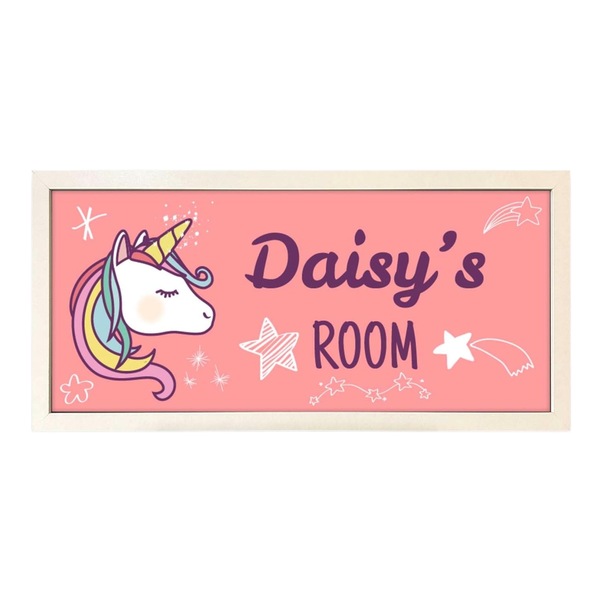 Personalised Wall Art White Framed Print Girl's Room Unicorn | Custom Text Large Wide Room Sign | Bespoke Soft Pastel Colours | Customised Girl's Bedroom Signage | For Her New Baby Gift Christening