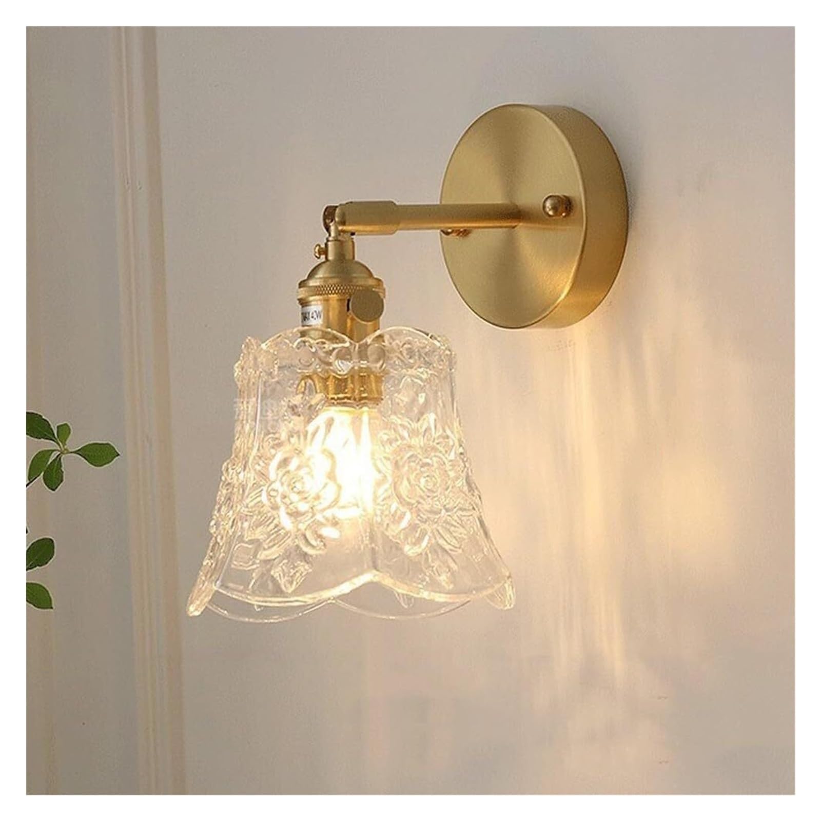 HUAYUSEDF Vintage Green Glass Wall Sconce - Gold Straight Arm Industrial Antique Bathroom Light Fixture with Amber, Modern Bedside Lamp for Bedroom, Living Room, Farmhouse, Hallway(Clear)