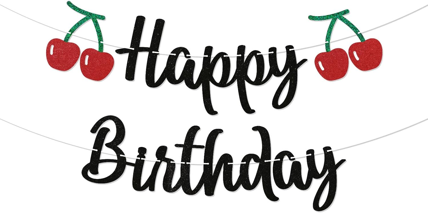 Cherry Birthday Banner - Cherry 1st Birthday Banner, Fruit Theme Bday Party Decorations Black Glitter