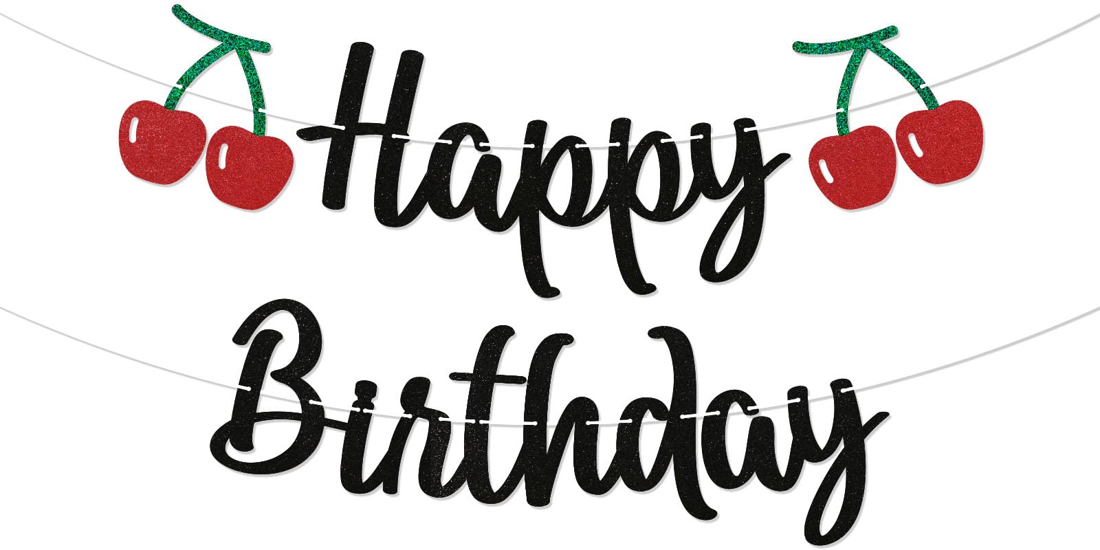 Cherry Birthday Banner - Cherry 1st Birthday Banner, Fruit Theme Bday Party Decorations Black Glitter