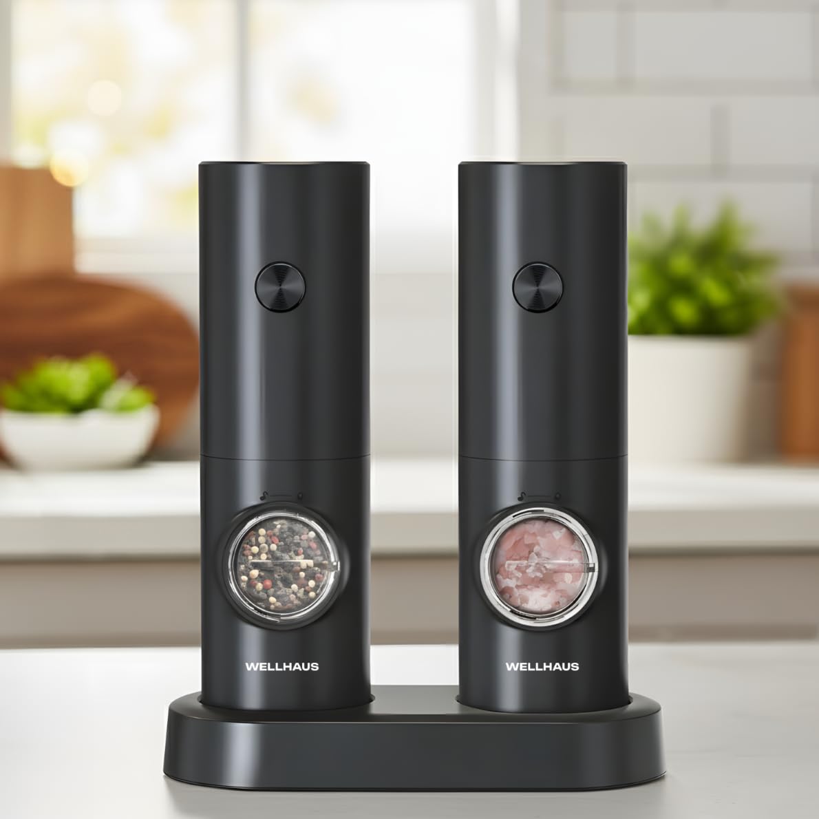 Macinasale e macinapepe elettrica – Set di 2 Macinasale e macinapepe a batteria con base, set di macine per spezie e sale, set di macine con luce LED e regolazione della grana, Nero - 2