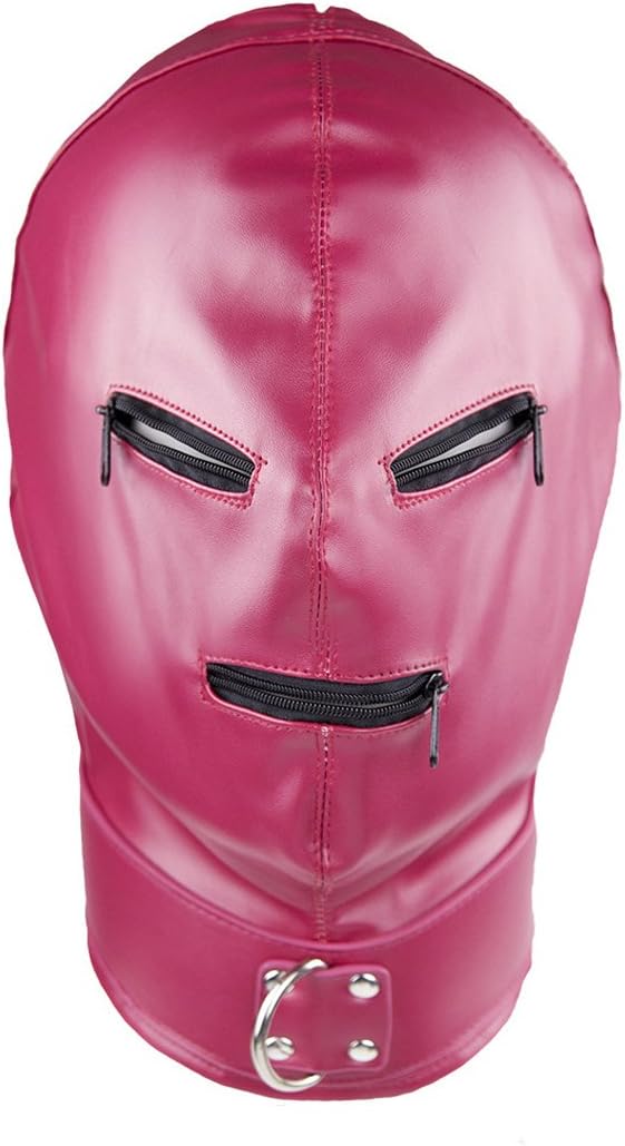Leather Full Face Gimp Mask Unisex Hood Zipper Eyes Mouth Lace Up Back，Red