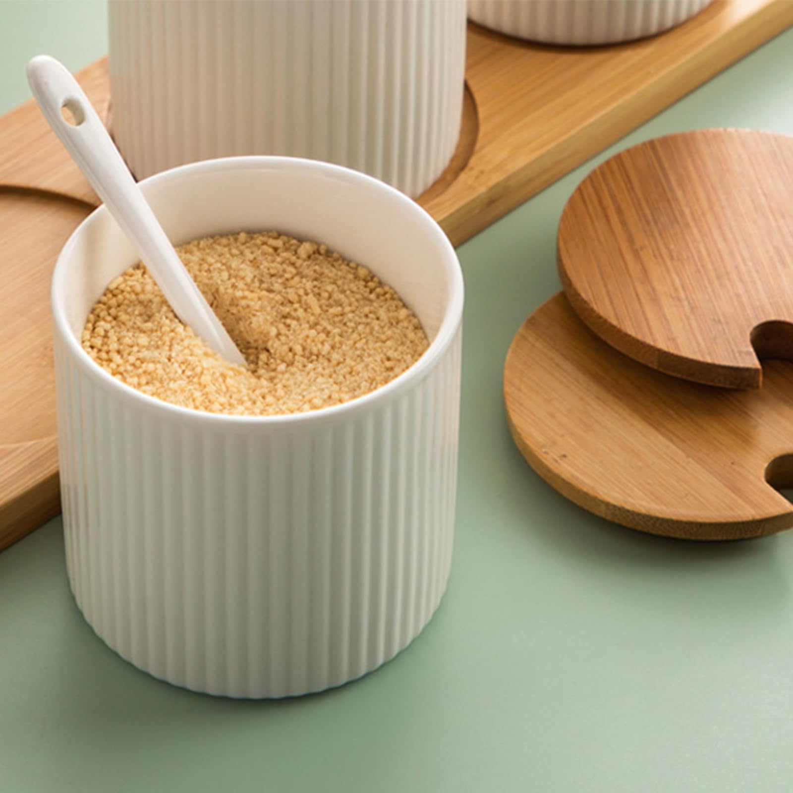 Zuccheriera in ceramica ciano da 300 ml con coperchio in legno e cucchiaio a righe, barattolo per spezie, per zucchero, sale, caffè, tè, – scatola ideale per condimenti per cucina di casa e bar
