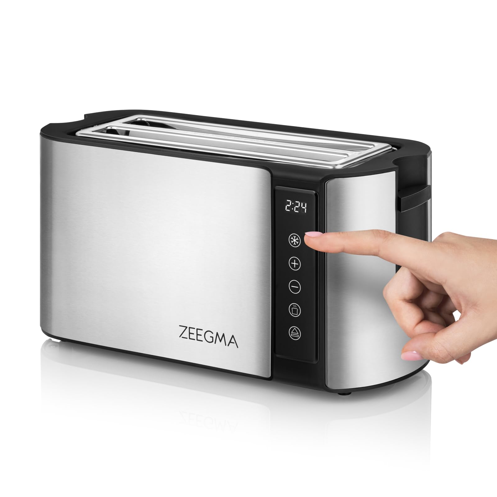 ZEEGMA TOSTEE CHEF Toster do Chleba na 4 Kromki ze Stali Nierdzewnej, Stojak na Bułki 1500 W, Rozmrażanie Odgrzewanie i Stop, Tacka na Okruchy, Wyświetlacz LED Timer, 7 Stopni