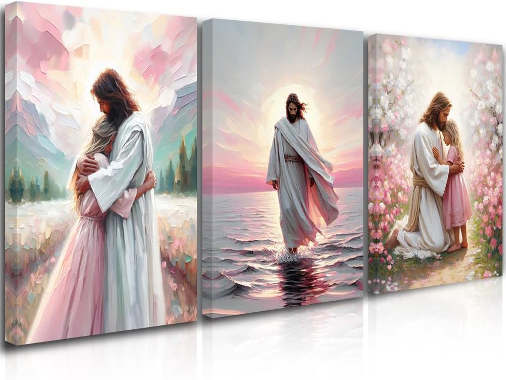 GUBIYU Jesus and Lamb Canvas Wall Art Set of 3 Jesus Running After Lost Lamb Picture Wall Art Jesus Canvas Print Christian Wall Decor Art Christian Home Decor Jesus Pictures Christian Gift 12"X16"