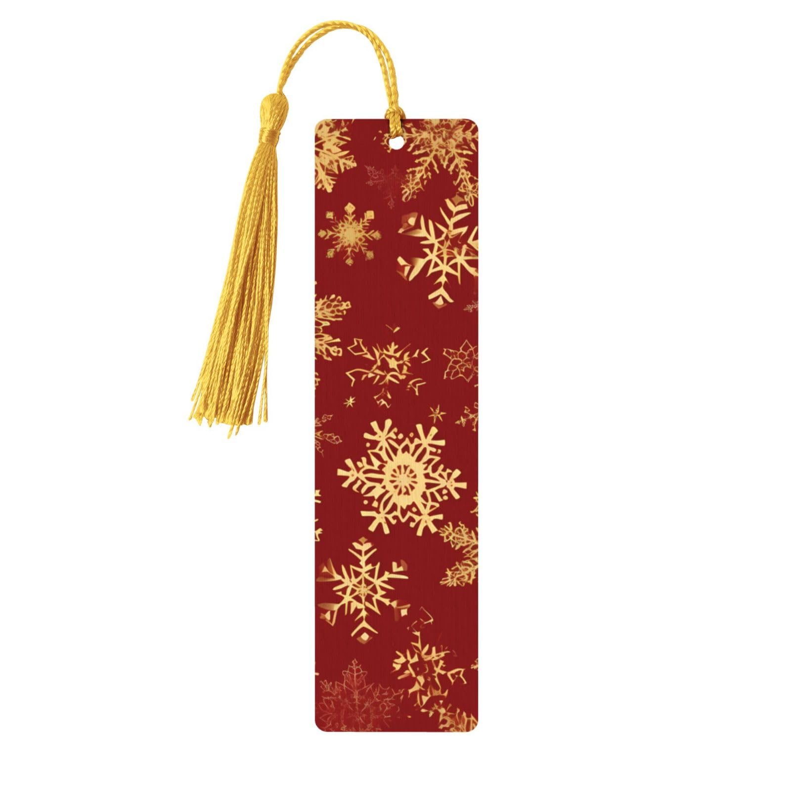 Christmas Snowflake Double-Sided Print Vintage Christmas Snowflake Bookmarks Wooden Book Marks with Gold Tassel, Red Lightweight Page Markers Book Lovers Gifts