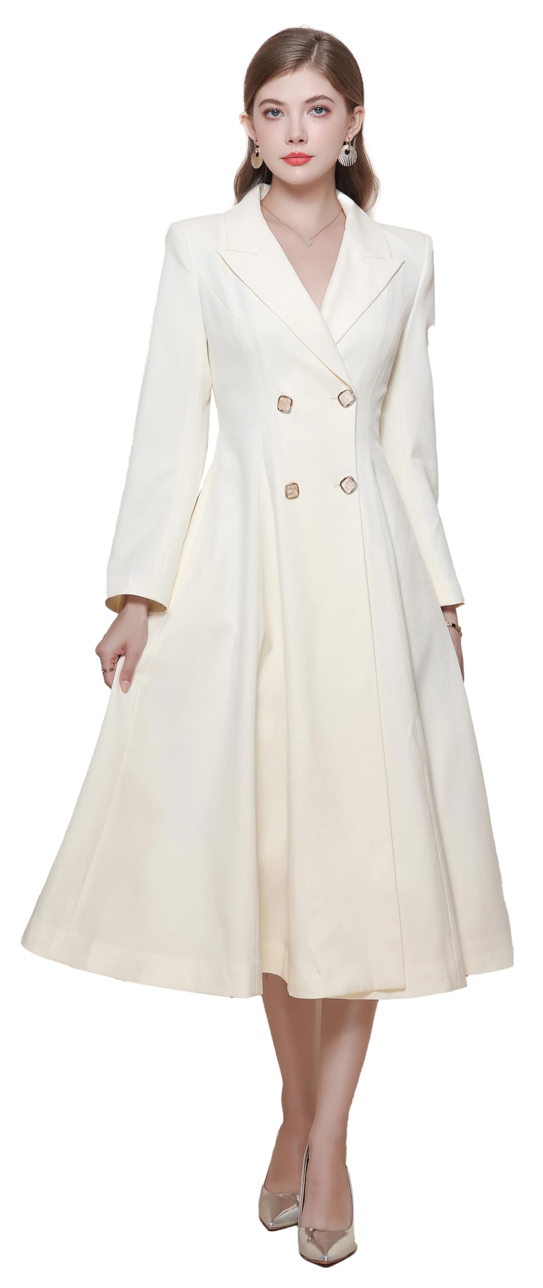 LAI MENG FIVE CATS Womens Pea Coat Notch Lapel Double Breasted A Line Trench Coat Winter Midi Dress