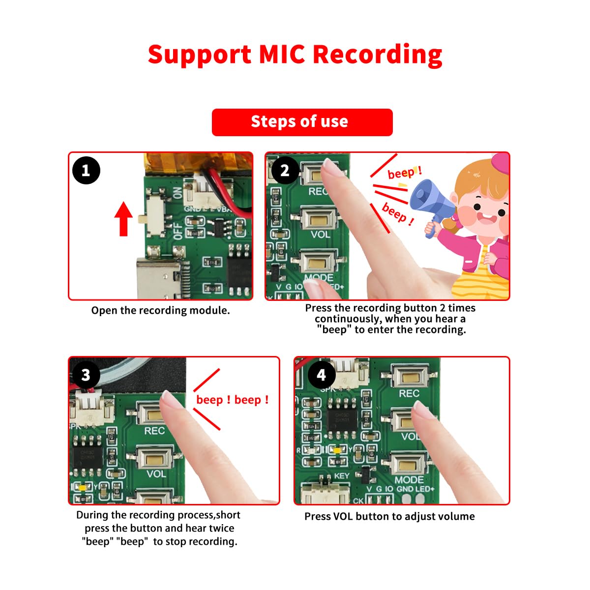 Modulo audio, supporto Bluetooth e microfono registrazione audio, chip vocali da 8 MB con altoparlante, chip di registrazione audio facile da 16 minuti per saluti personalizzati, progetti fai da te