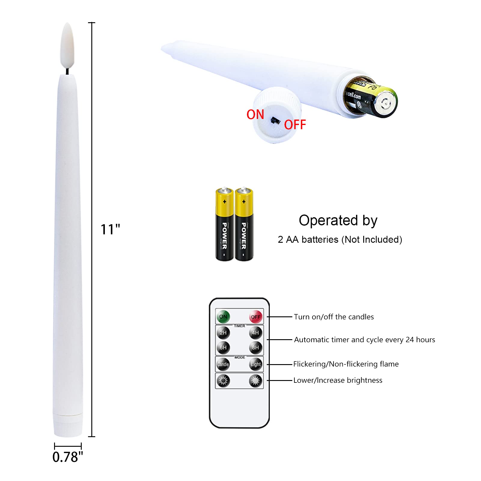 Wondise Candele tremolanti senza fiamma coniche con telecomando e timer, 28 cm, a batteria, in vera cera bianca 3D, candele LED per finestre, set di 8 (D 2 cm x H 27,9 cm, 2 telecomandi)