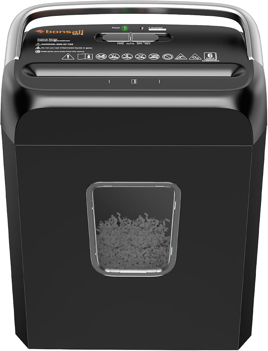 Bonsaii 5-6 Sheet Cross Cut Paper Shredder for Home use, 3.4 Gal Bin | P-4 Security Level, Shreds Credit Cards, Staples & Paper Clips, with Portable Handle, Small Shredder for Home Office