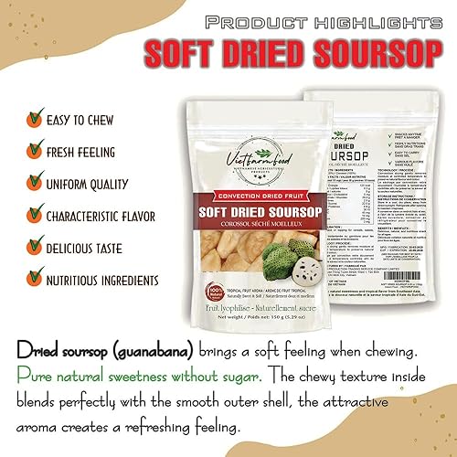 Miniatura 4 de SOURSOP SUAVE SECO (GUANABANA) 5.29 Oz (5.29 oz) VIETFARMFOOD Fruta seca por convección, dulzura natural pura sin azúcar, suave al masticar.