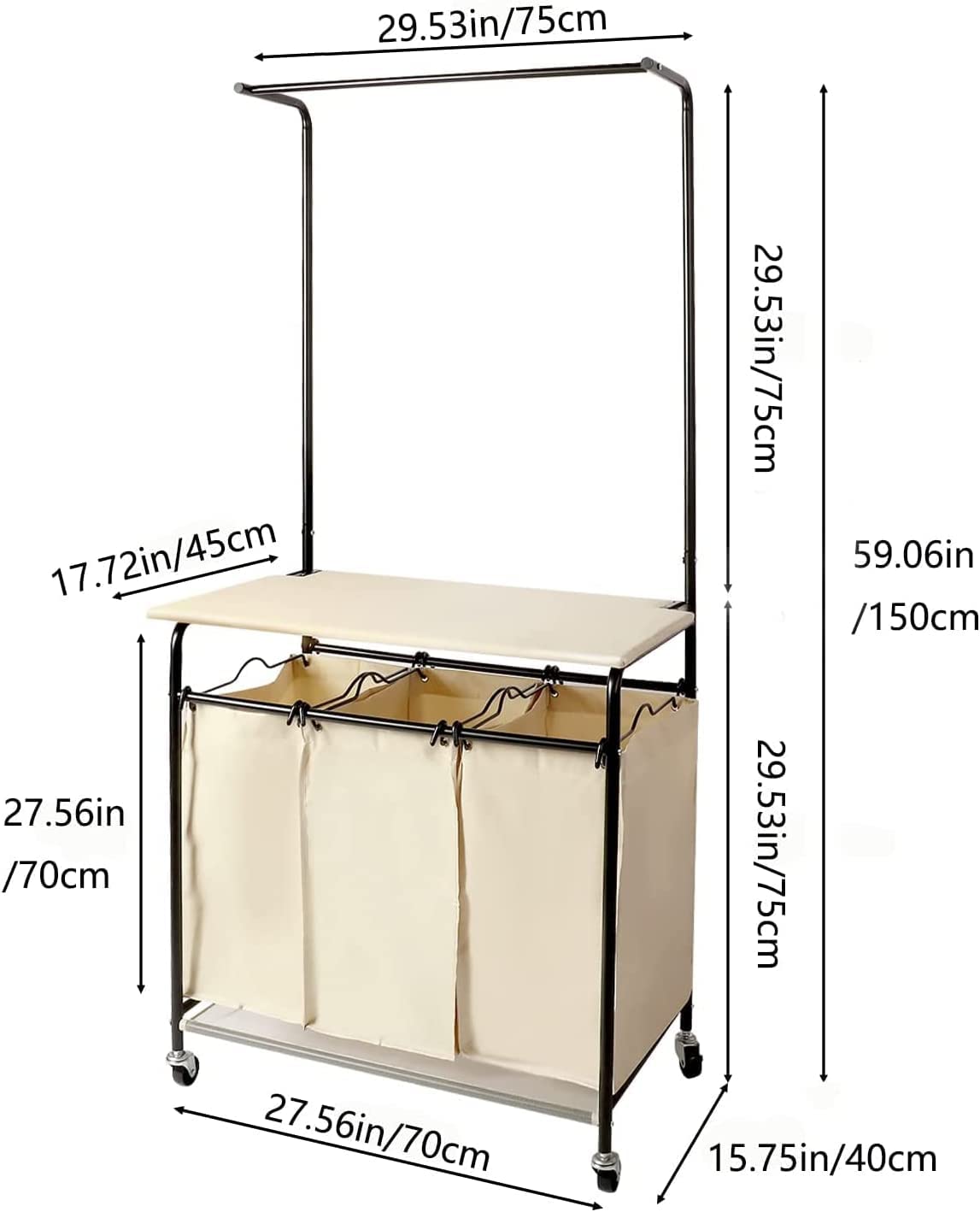 MYOYAY Carrello portabiancheria con barra sospesa, 3 sezioni, cesto portabiancheria con ruote bloccabili, asse da stiro e 3 sacchetti rimovibili, resistente, beige