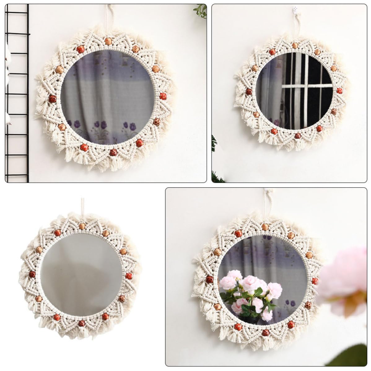 Dekorativer Hängespiegel mit Makramee Wandbehang aus Baumwolle und Glas Handgefertigter Spiegel im Tapisserie Design für Schlafzimmer und Büro Beige