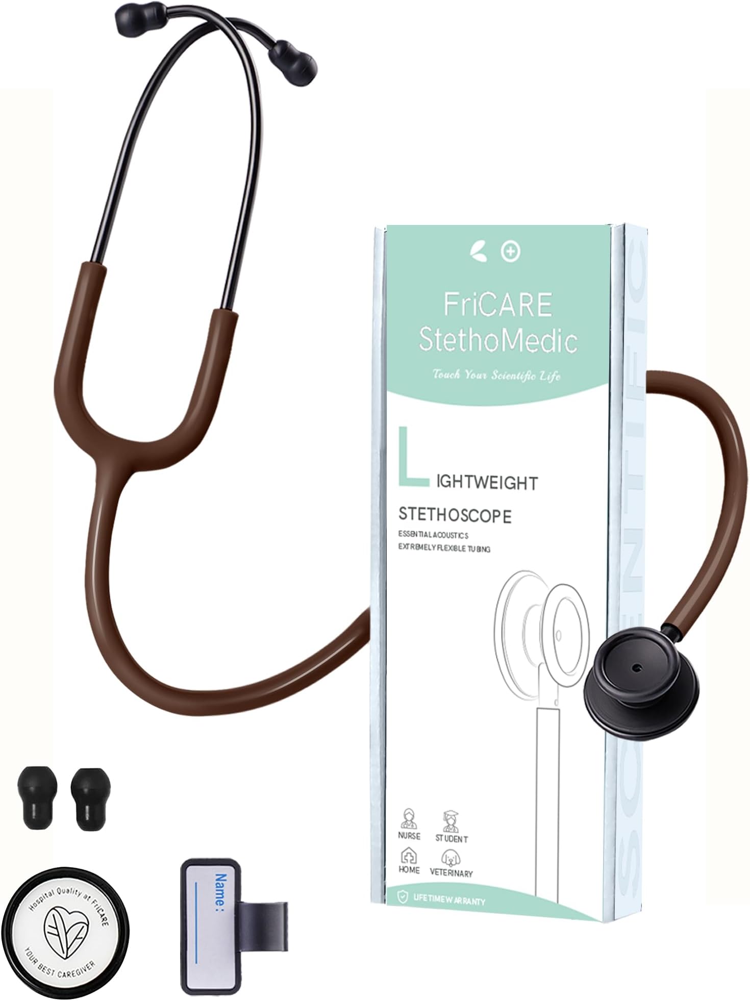 FriCARE Classic Stethoscope - Stethoscopes for Nurses Nursing Student Home Health Use - Lightweight Medical Supplies Accessories, StethoMedic Essentials, Lifetime Warranty Support, Brown Tube, 30 inch