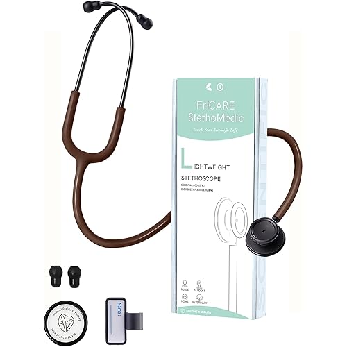 FriCARE Dual Head Stethoscope - Stethoscopes for Nurses, Medical Nursing Students, Paramedics/EMT/LVN/VNA Backup Estetoscopio, Earth Brown Tube Matte Black Finish Chestpiece
