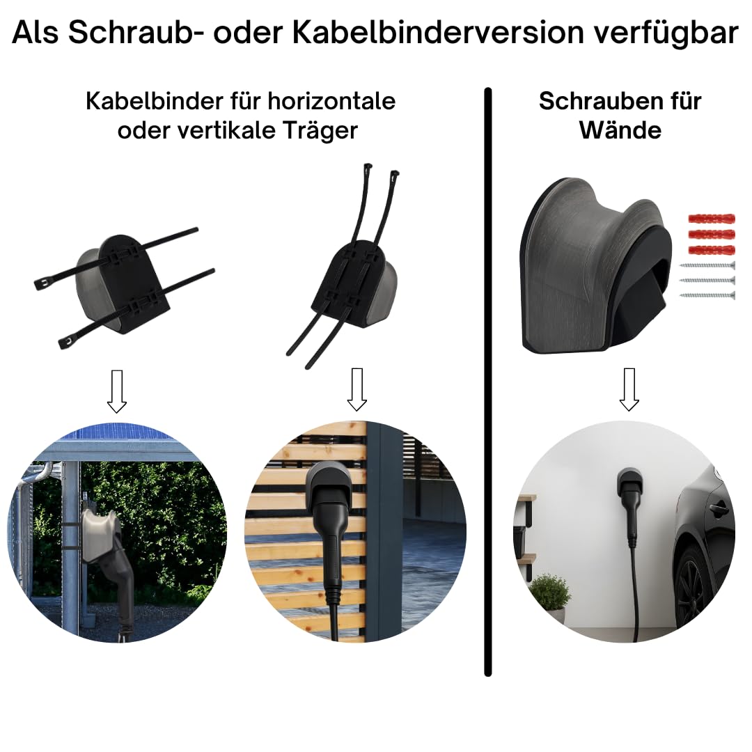 Wandhalterung für Typ 2 Stecker und Ladekabel mit Schwenkmechanismus (Kabelbinder oder Schrauben) | Made in Germany | passend für alle Typ 2 Stecker | in 3 Farben (weiß mit Schrauben/Dübel)