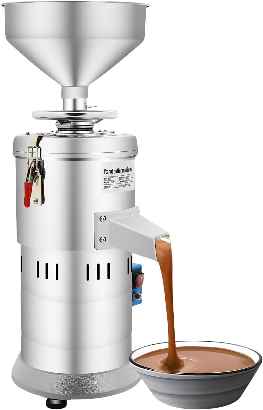 Commercial Peanut Butter Machine, 33lb/h Electric Nut Butter Grinder with Stainless Steel Grain Butter Maker with Solid Lockers for Home and Business, Almonds, Sesame, Spices, 1100W