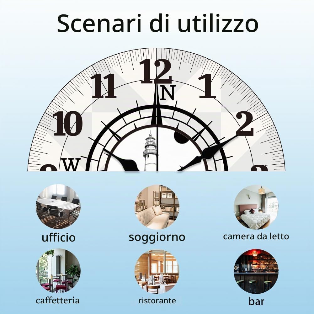 CHGCRAFT 12 Pollici Orologio da Parete con Faro sul Mare Modello di Bussola a Batteria Orologio Decorativo Rotondo Silenzioso e Non Ticchettante per l'ufficio, la Casa e la Cucina