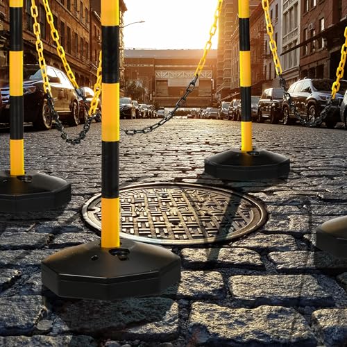 Relaxdays Absperrpfosten mit Kette 4er Set, Kettenpfosten mobil, HxD: 85 x 29 cm, Kettenständer Absperrung, gelb/schwarz