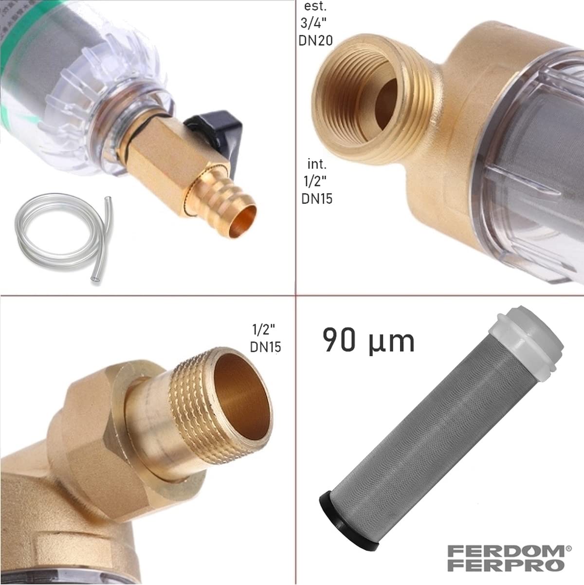 FERDOM FD177 Prefiltro. Filtro Dell’acqua Spin-Down, Riutilizzabile. Maglia Acciaio Inox, 90 Micron, Con 1/2”(3/4”), Flusso max 2,5m3/H. Testa di Ottone, Involucro Trasparente.