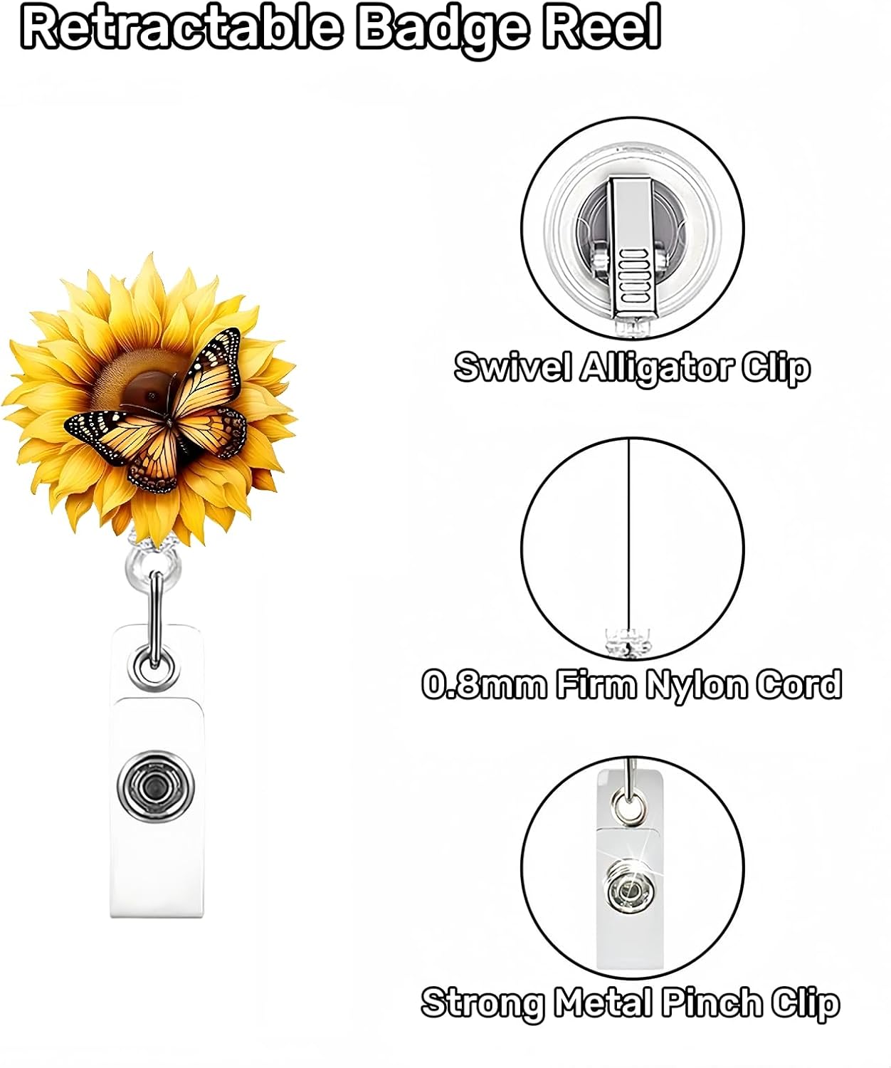 Yellow Sunflower Butterfly Badge Clip Cute Funny Badge Reels Retractable Name Badge Reel Glitter Badge Clip Summer Retractable Badge Holders Id Badge Reel for Nurse Doctor Student Office Gifts - Image 3