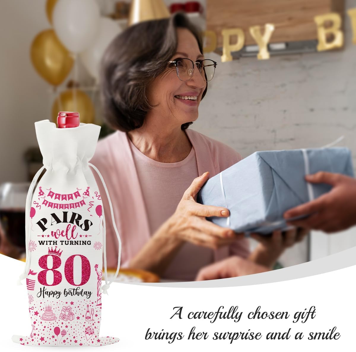 80th Birthday Gifts for Women, 80 Year old Birthday Gifts for Women Men Wine Bag, 80th Birthday Party Decor Gifts Wine Bags for Mom Sister Wife Friend Her Pink kitchen - Image 5