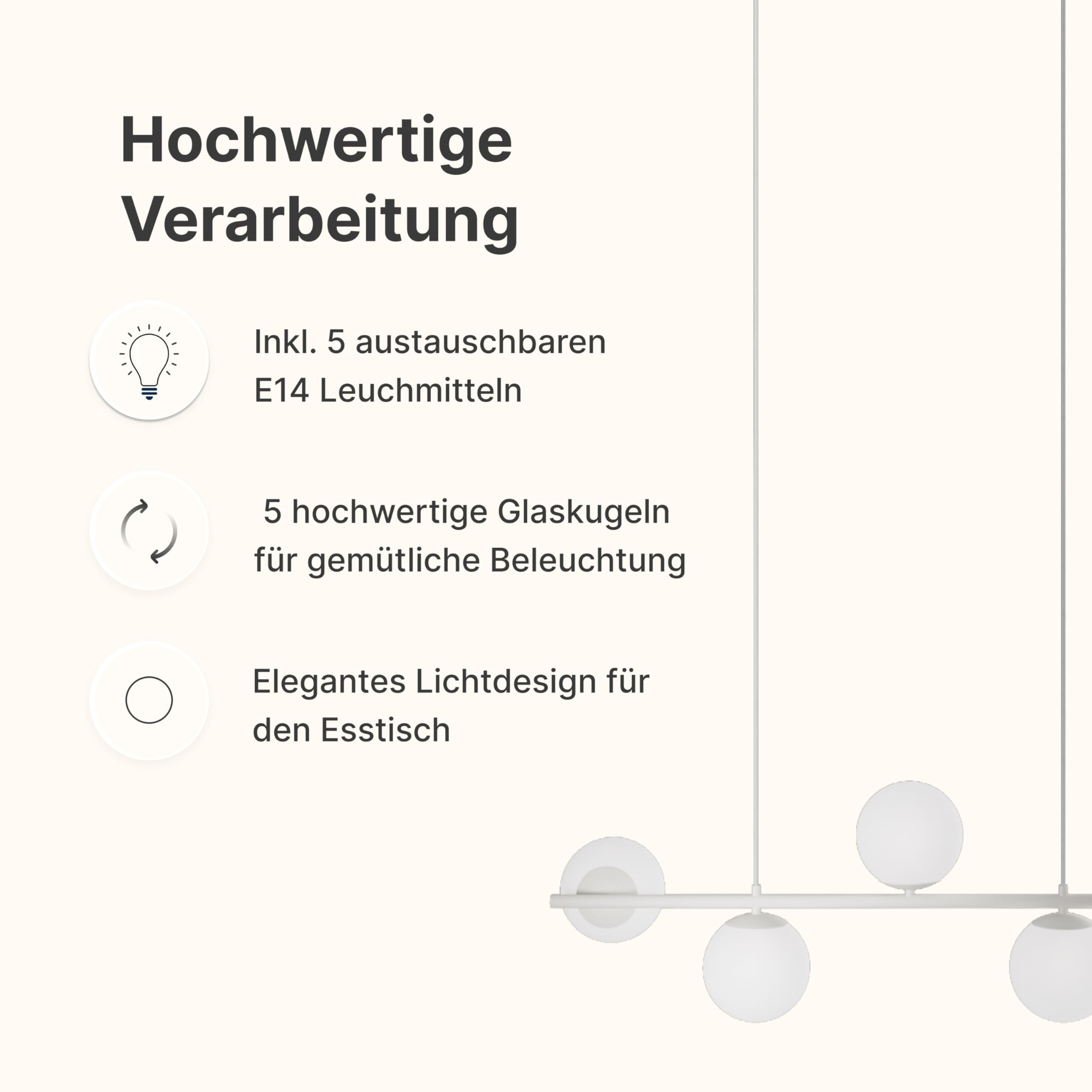 Pendelleuchte 'Livana' 5-flammig nicht dimmbar LED Deckenleuchte mit Opalglaskugeln für Esstisch Küche Wohnzimmer Hängeleuchte Beige 100cm